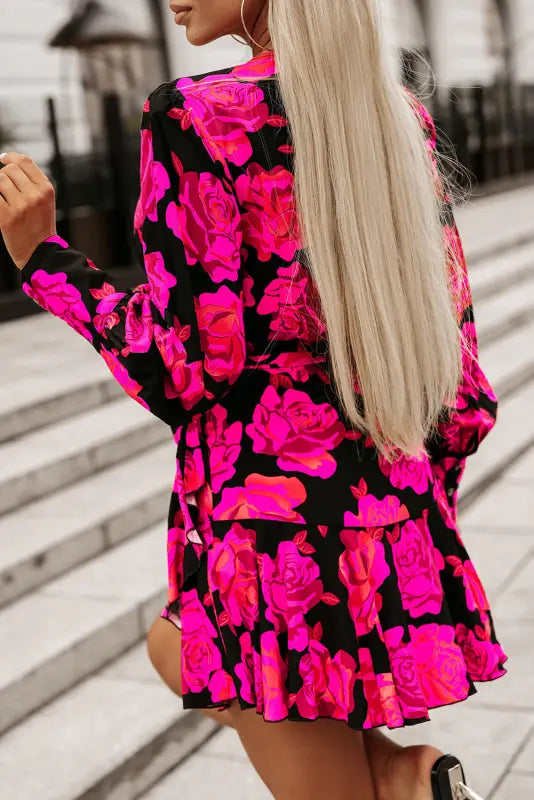 Rose floral mini dress - v neck wrap bishop sleeve - dresses