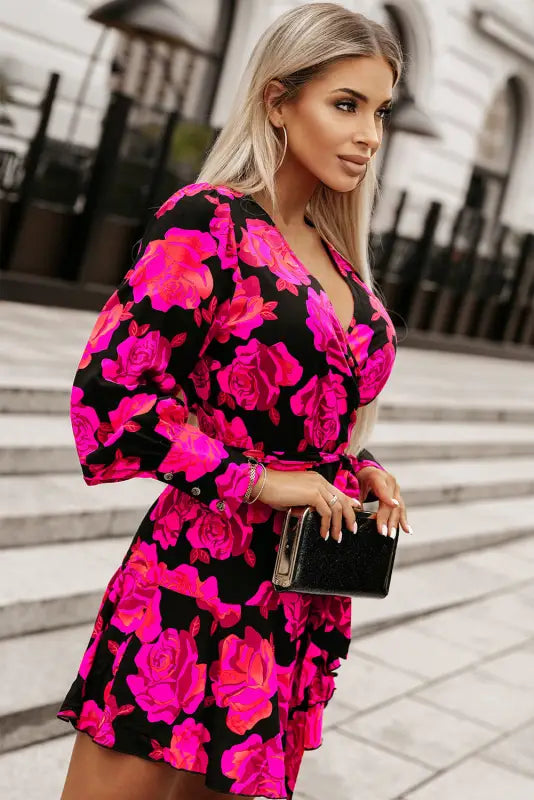 Rose floral mini dress - v neck wrap bishop sleeve - dresses