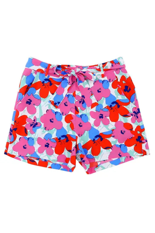 Rose floral print belted shorts