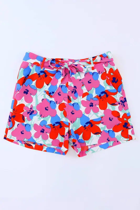 Rose floral print belted shorts