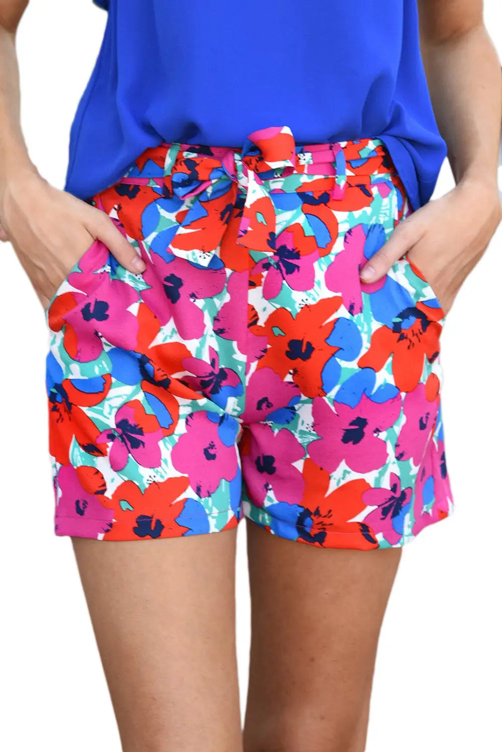 Rose floral print belted shorts