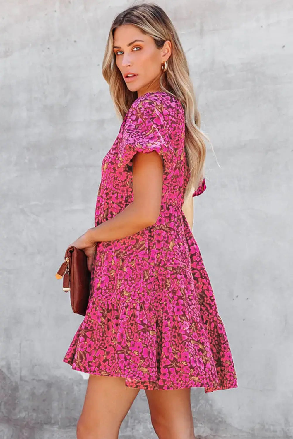 Rose floral print puff sleeve babydoll mini dress - bodycon dresses
