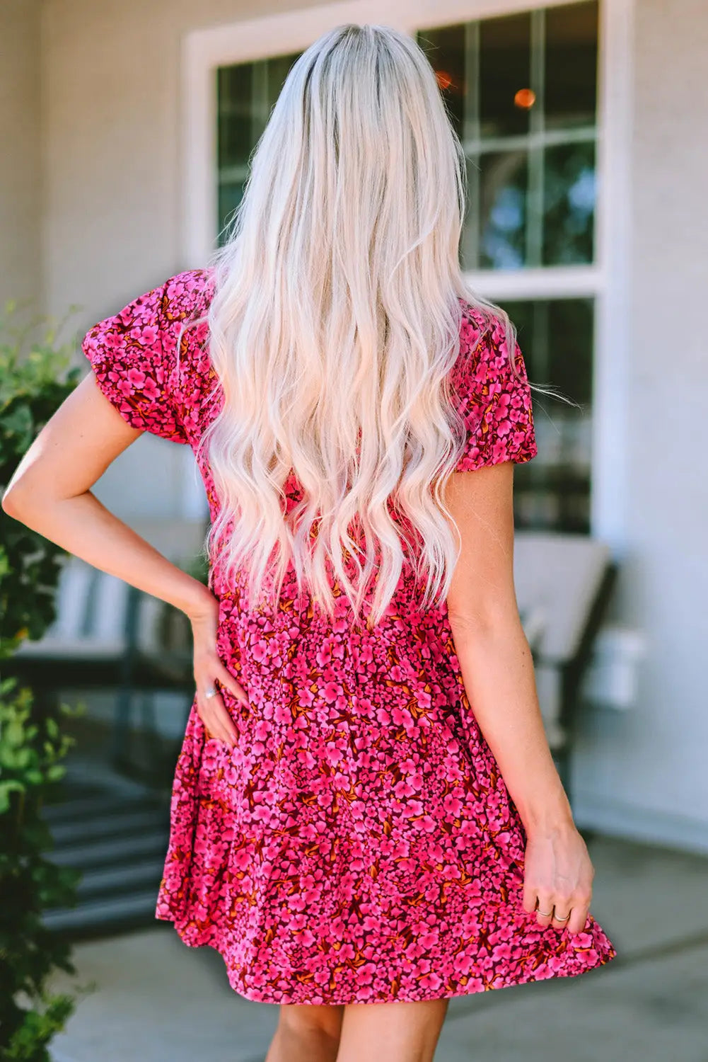 Rose floral print puff sleeve babydoll mini dress - dresses