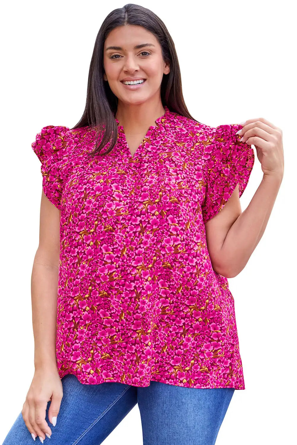 Rose floral print ruffle sleeve plus size shift top
