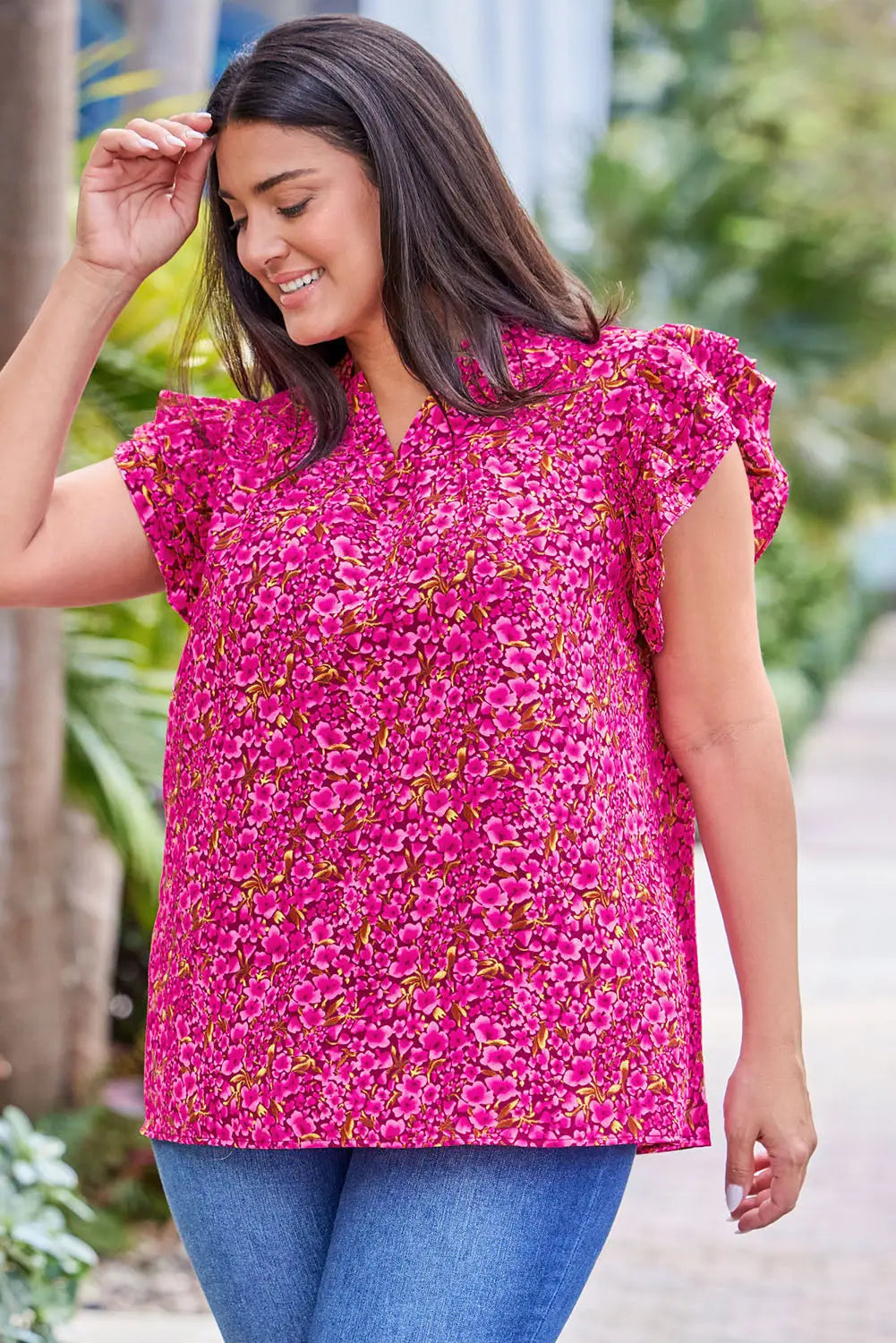 Rose floral print ruffle sleeve plus size shift top