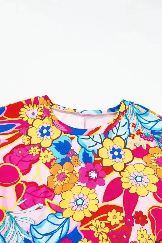 Rose Floral Print Short Sleeve Pleated Babydoll Top - Fashionfitz