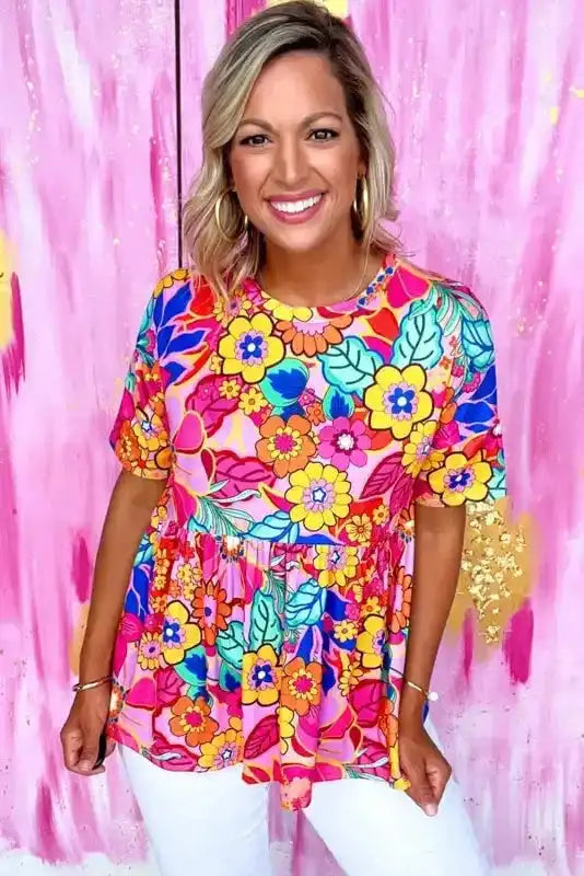 Rose Floral Print Short Sleeve Pleated Babydoll Top - Fashionfitz