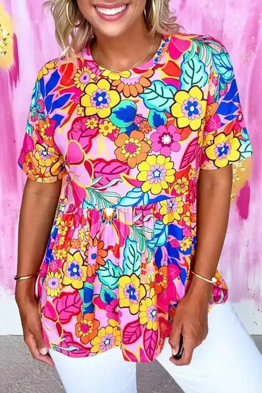 Rose Floral Print Short Sleeve Pleated Babydoll Top - Fashionfitz