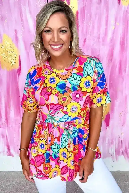 Rose Floral Print Short Sleeve Pleated Babydoll Top - Fashionfitz