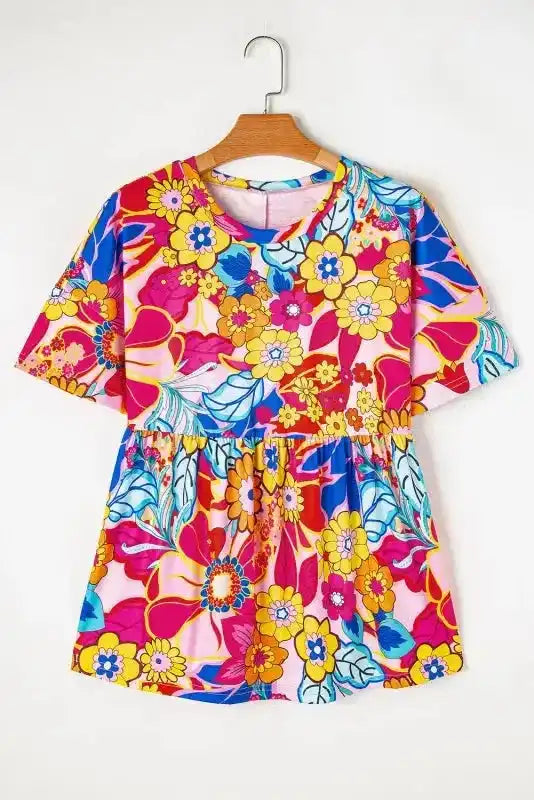 Rose Floral Print Short Sleeve Pleated Babydoll Top - Fashionfitz