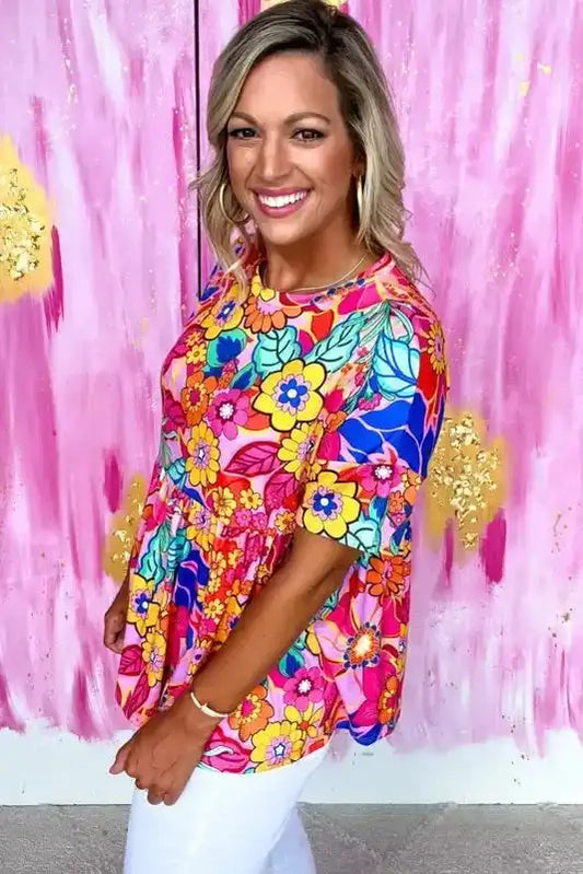 Rose Floral Print Short Sleeve Pleated Babydoll Top - Fashionfitz