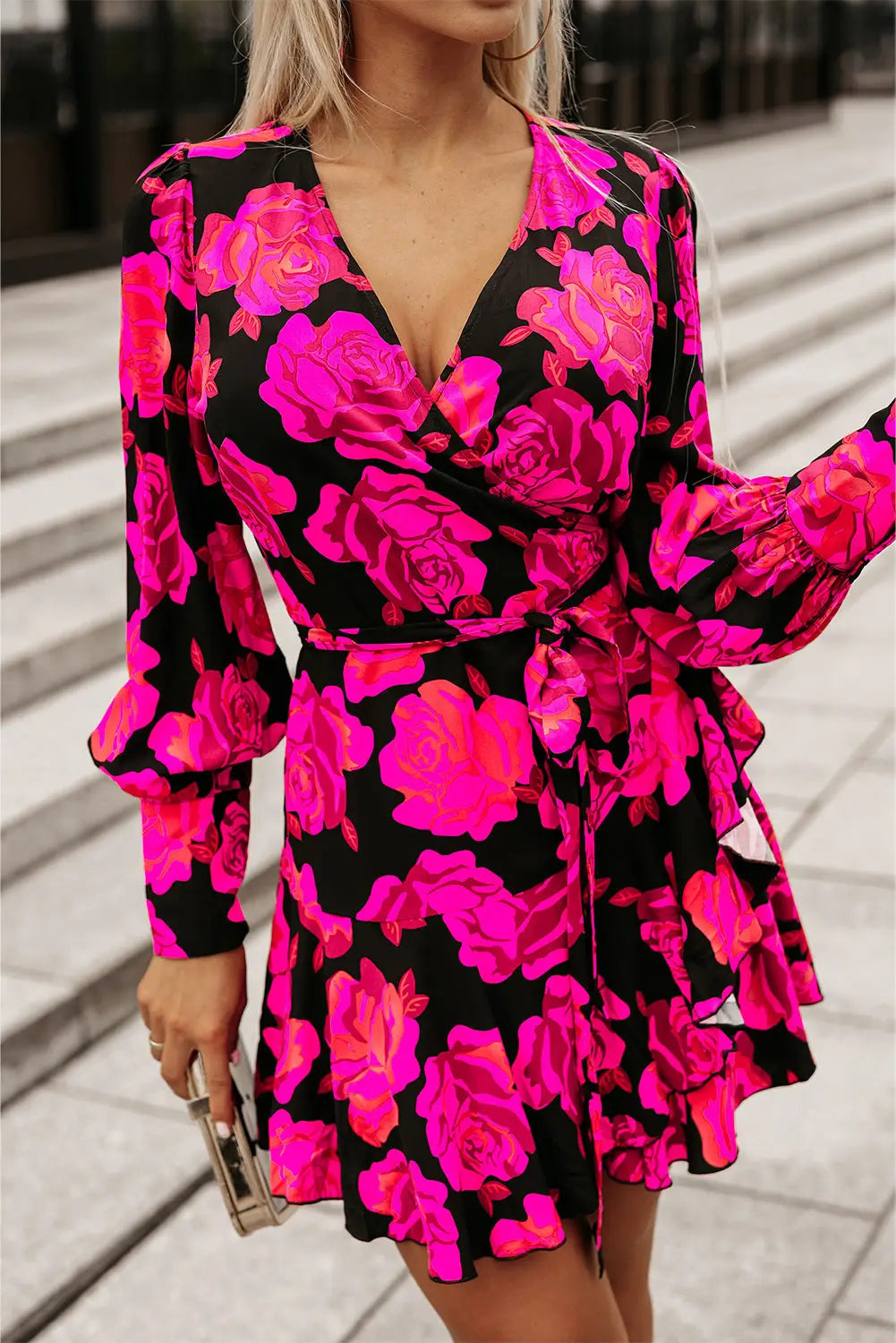 Rose floral print v neck wrap bishop sleeve ruffle tiered mini dress - dresses