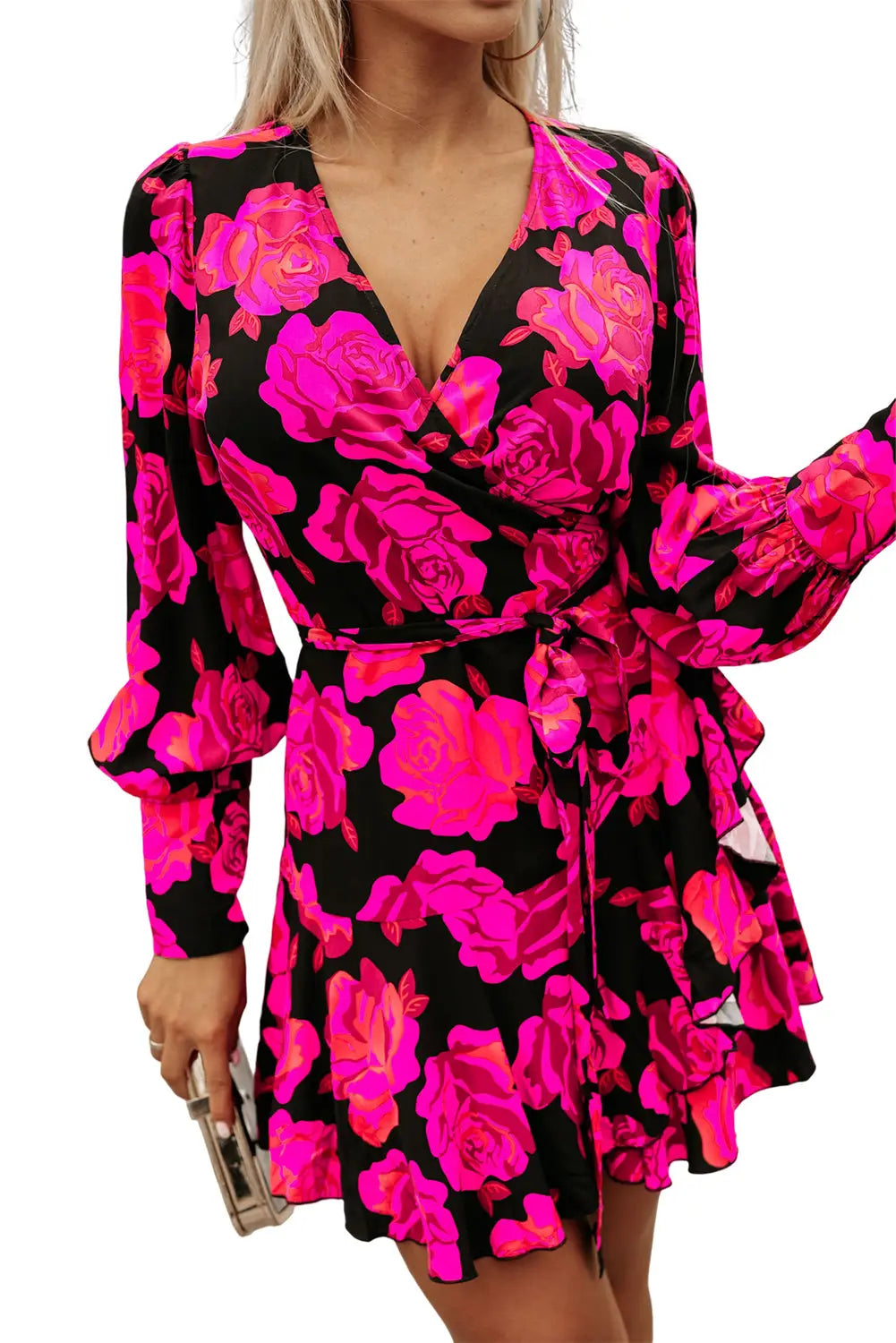 Rose floral print v neck wrap bishop sleeve ruffle tiered mini dress - dresses