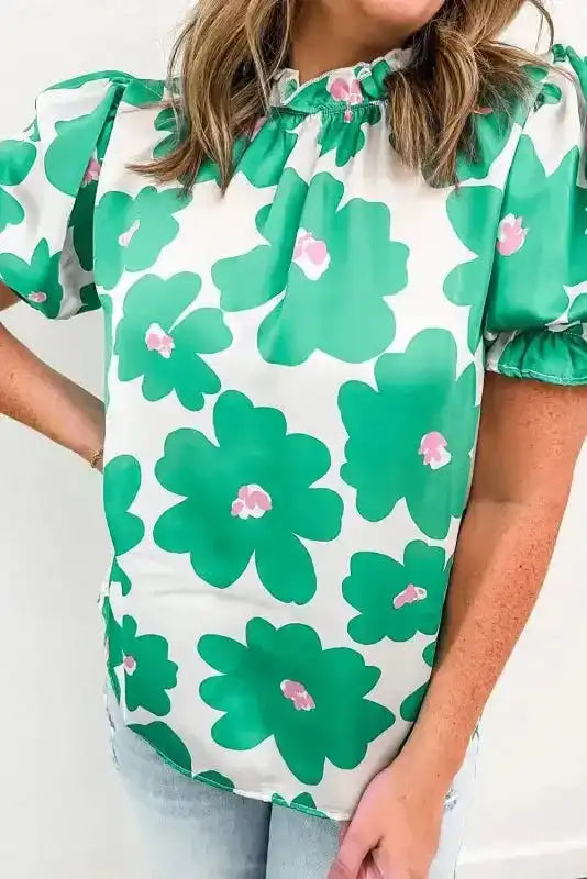 Side view of Green Floral Satin Blouse showing puff sleeve structure and round neckline — Fashionfitz