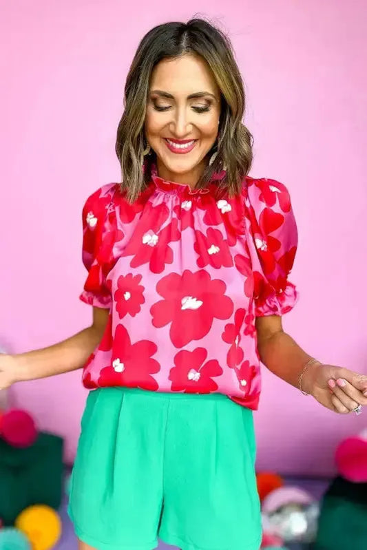 Rose Floral Puff Sleeve Blouse - Fashionfitz