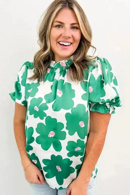 Close-up of Green Floral Puff Sleeve Satin Blouse showing satin sheen and delicate floral print detail — Fashionfitz