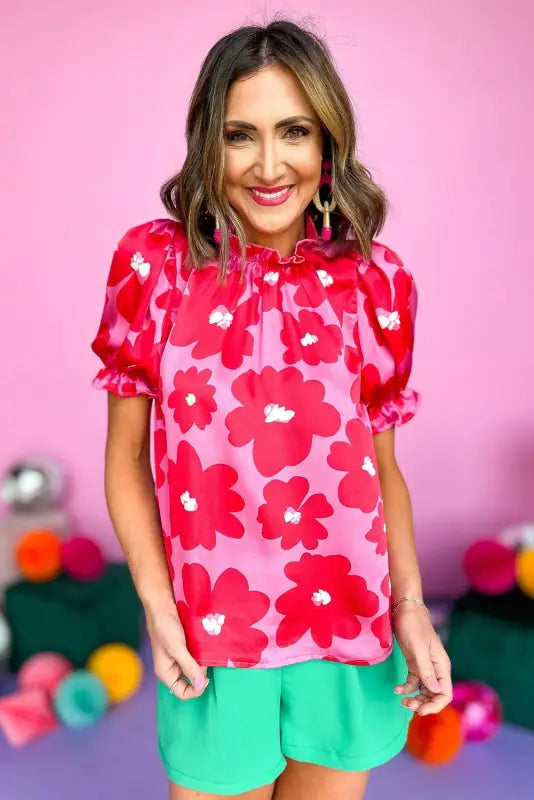 Rose floral puff sleeve blouse - tops/blouses & shirts