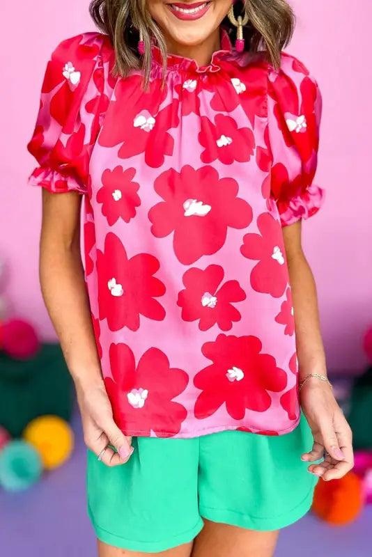 Rose floral puff sleeve blouse - s / 97% polyester + 3% elastane - tops/blouses & shirts