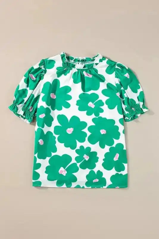 Green Floral Puff Sleeve Satin Blouse styled as an elegant occasion outfit — Fashionfitz