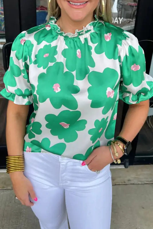 Rose floral puff sleeve blouse - green / s / 97% polyester + 3% elastane - tops/blouses & shirts