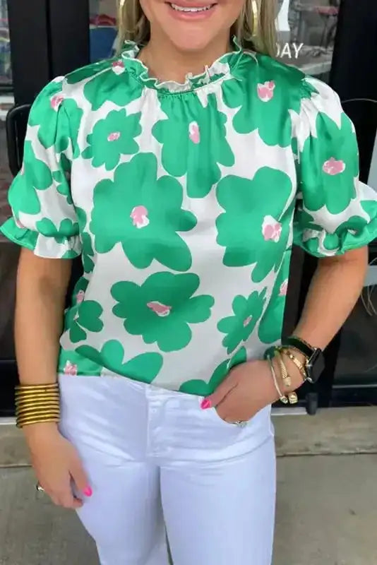 Green Floral Puff Sleeve Satin Blouse Women UK — front view showing satin finish, floral print and structured puff sleeves — Fashionfitz