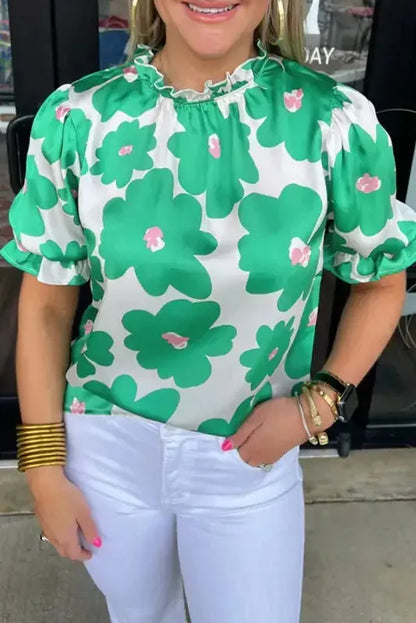 Rose Floral Puff Sleeve Blouse - Fashionfitz