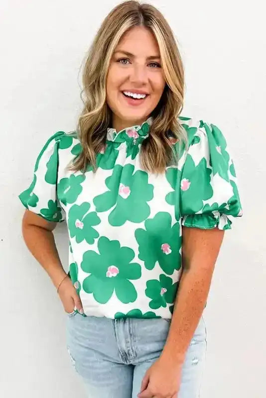 Back view of Green Floral Puff Sleeve Satin Blouse showing silky satin drape and elegant silhouette — Fashionfitz