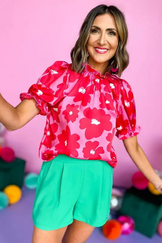 Rose floral puff sleeve blouse - tops/blouses & shirts