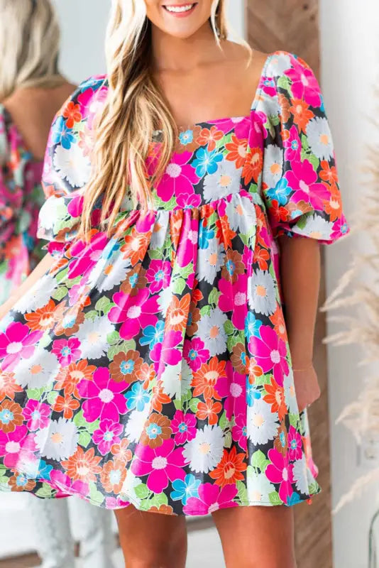 Rose floral puff sleeve dress - s / 100% polyester - dresses