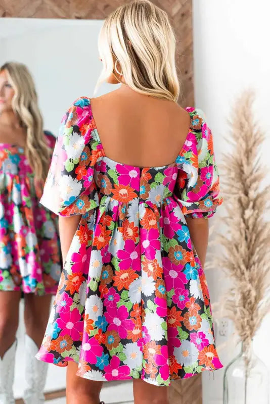 Rose floral puff sleeve dress - dresses