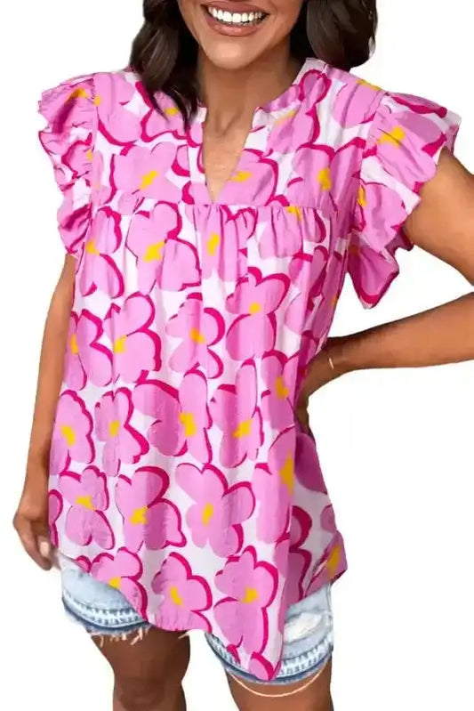 Rose Floral Ruffled Sleeve Babydoll Blouse - Fashionfitz