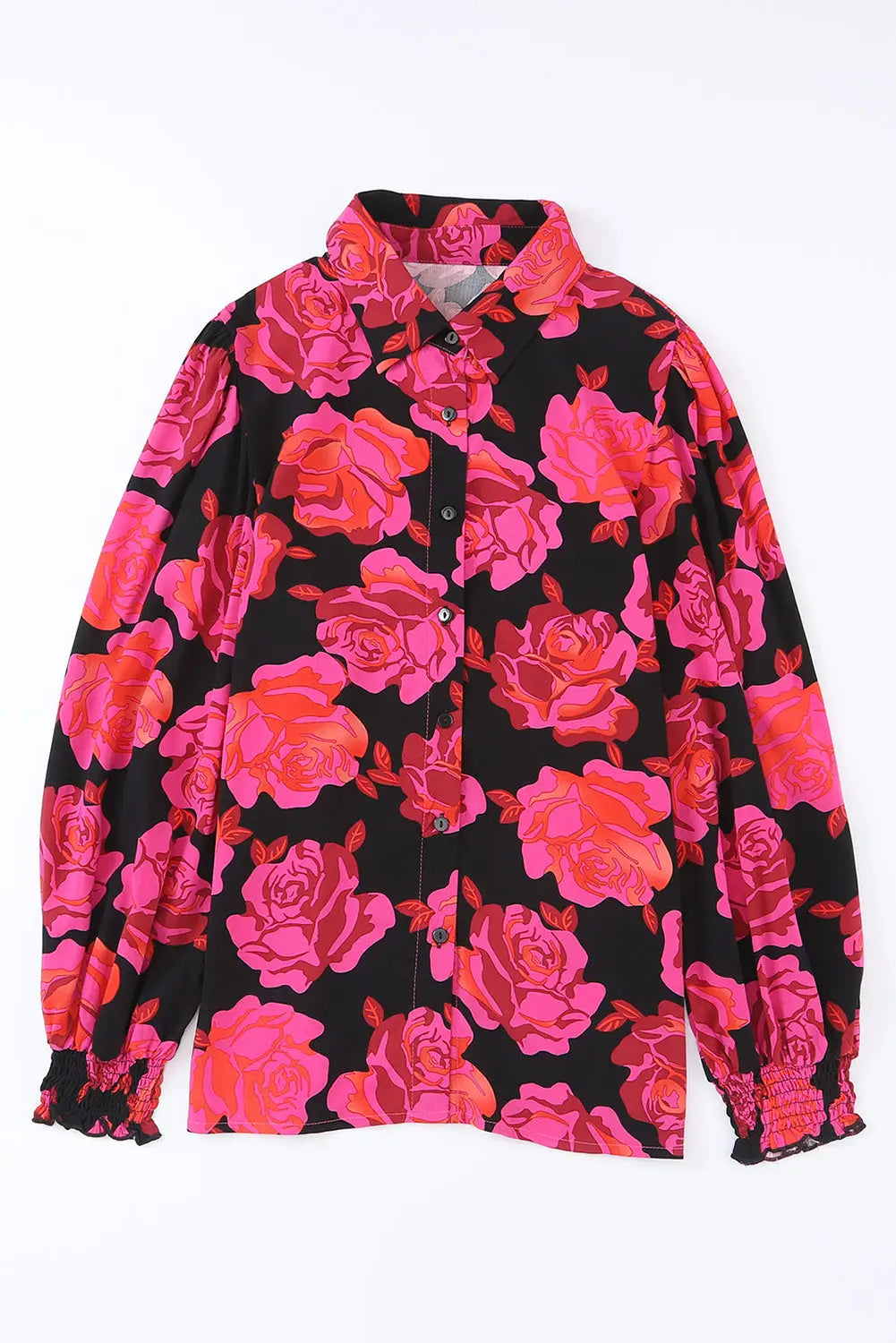 Rose floral shirred cuffs long sleeve shirt - tops