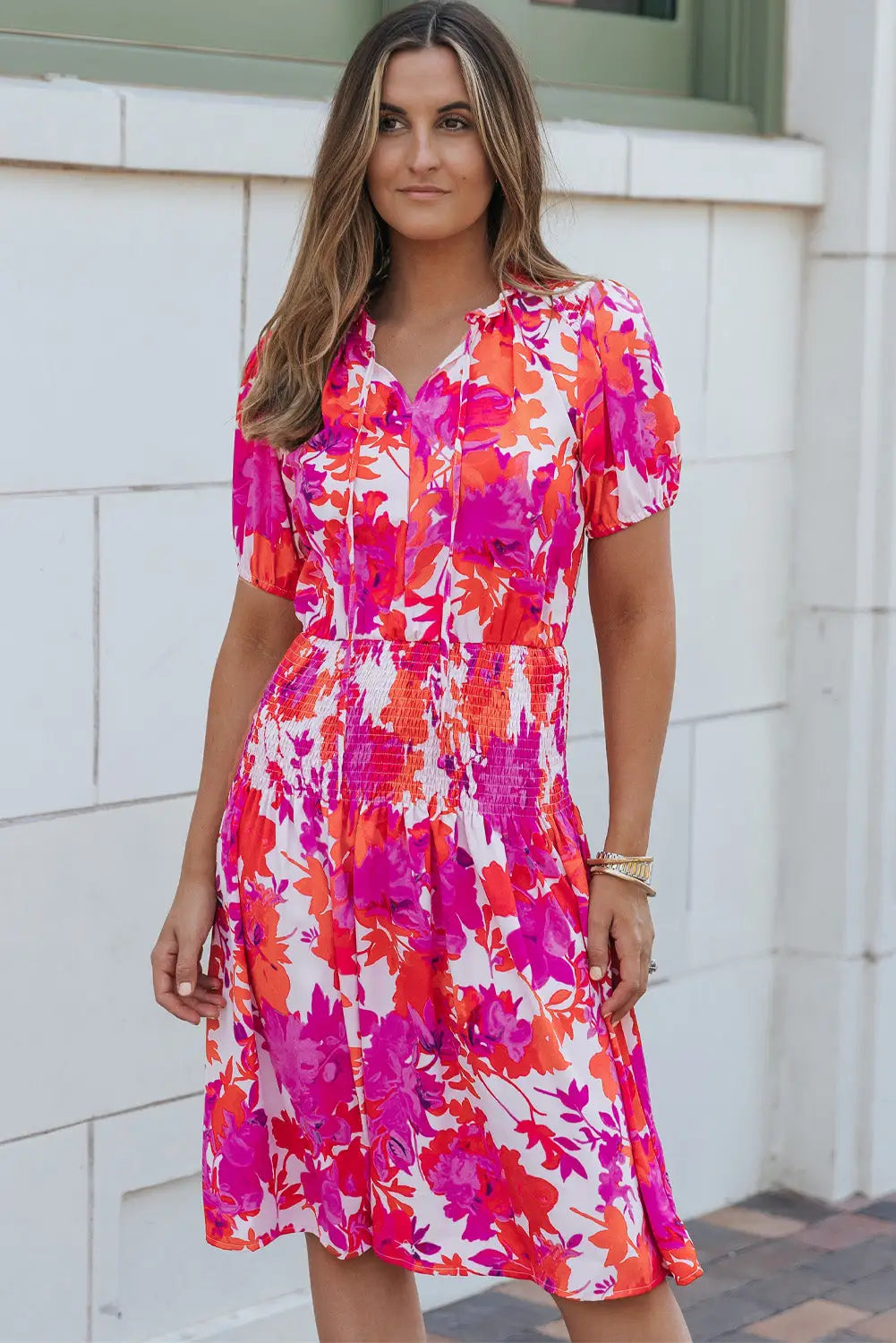 Rose floral smocked waist bubble sleeve flare dress - s / 100% polyester - mini dresses