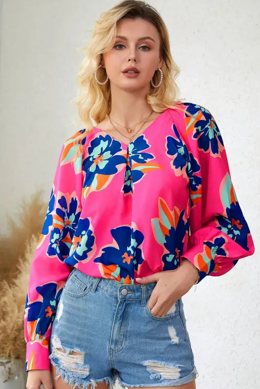 Black flower print puff sleeve blouse - rose / s / 100% polyester - tops