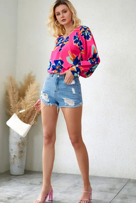 Black flower print puff sleeve blouse - tops