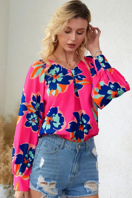 Black flower print puff sleeve blouse - tops