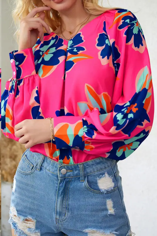 Black flower print puff sleeve blouse - tops