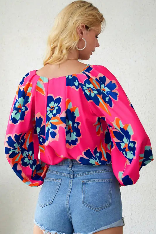 Black flower print puff sleeve blouse - tops