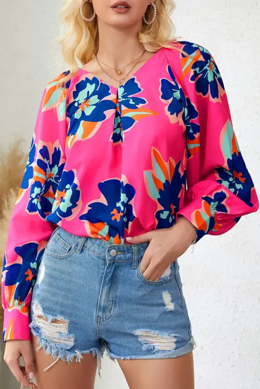 Black flower print puff sleeve blouse - tops