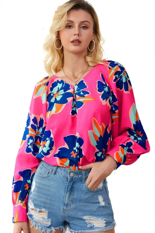 Black flower print puff sleeve blouse - tops