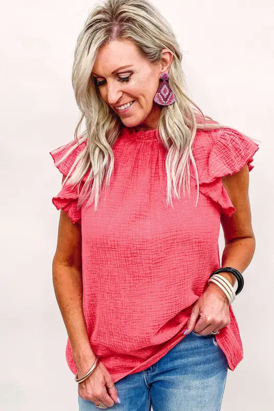 Rose flutter sleeve frilled neck textured blouse - tops