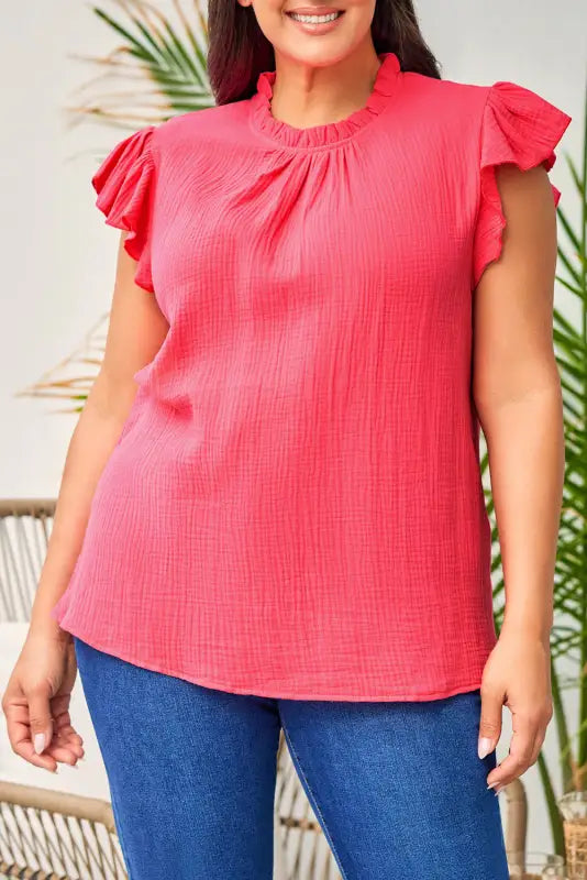 Rose flutter sleeve frilled neck textured blouse - tops