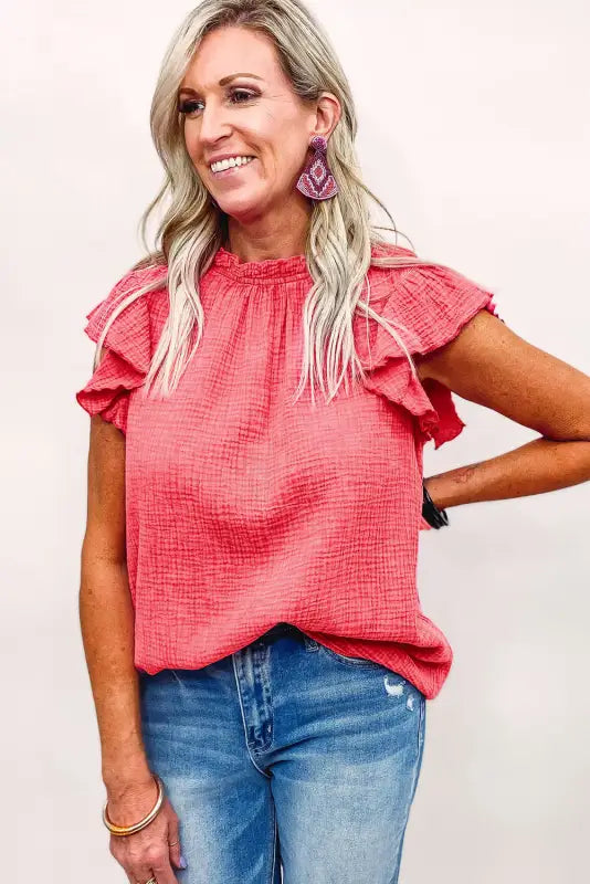 Rose flutter sleeve frilled neck textured blouse - tops