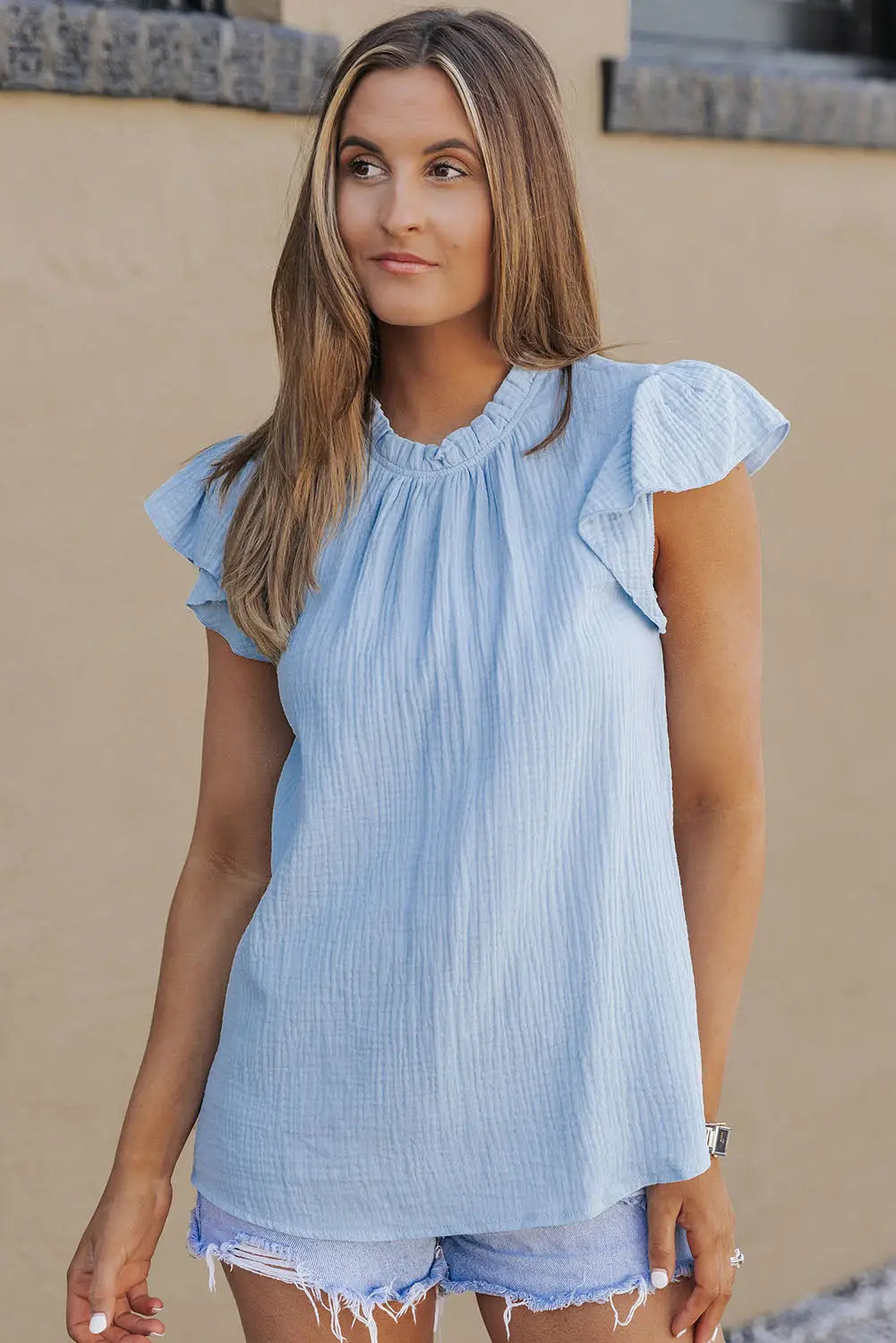 Rose flutter sleeve frilled neck textured blouse - sky blue / s / 100% cotton - tops