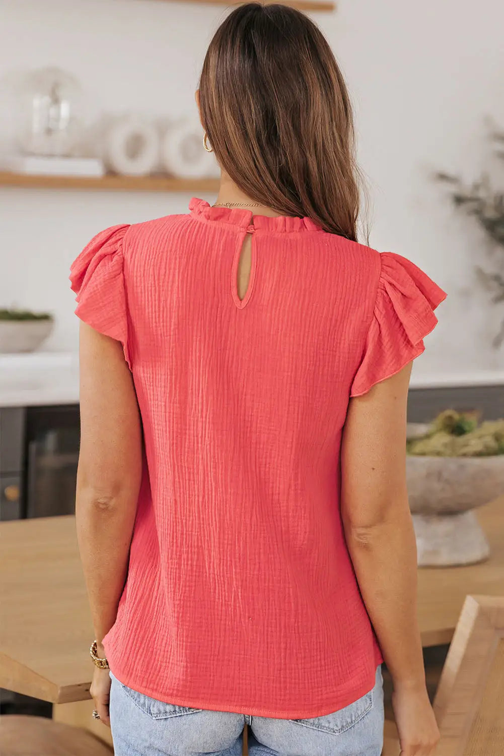 Rose flutter sleeve frilled neck textured blouse - tops