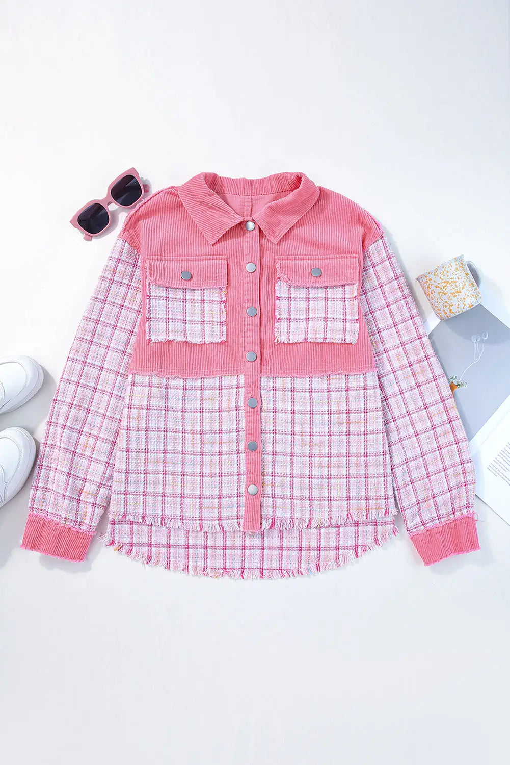 Rose frayed tweed plaid patchwork buttoned jacket - shackets