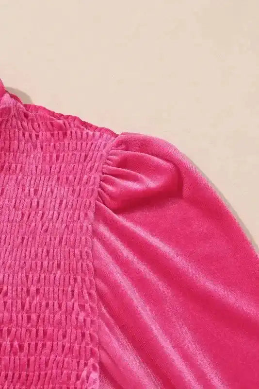 Rose Frilled Neck Smocked Bodice Velvet Dress - Fashionfitz