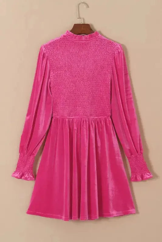 Rose Frilled Neck Smocked Bodice Velvet Dress - Fashionfitz