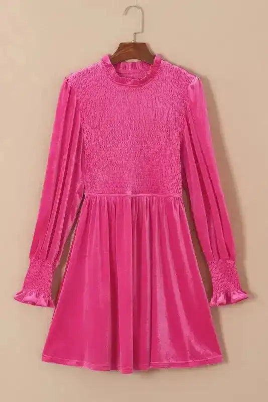 Rose Frilled Neck Smocked Bodice Velvet Dress - Fashionfitz