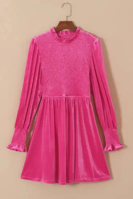 Rose Frilled Neck Smocked Bodice Velvet Dress - Fashionfitz